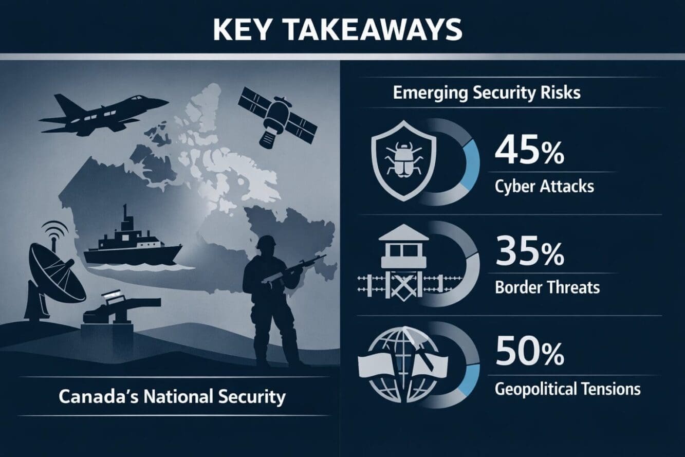 Key Takeaways section infographic: Split-screen editorial visualization depicting Canada's national security landscape, left side showing st