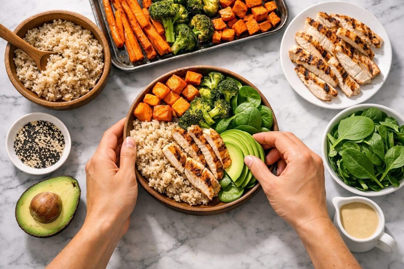 Detailed overhead food photography showing hands assembling a Buddha bowl on marble counter, ingredients arranged in mise en place style: co