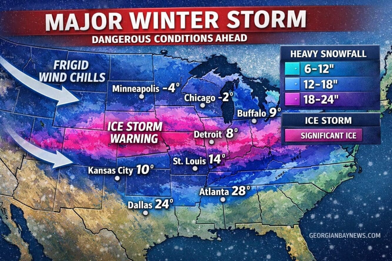 Include the text: GEORGIANBAYNEWS.COM, in each image in a discreet fashion. Detailed weather map infographic showing two-thirds of United St