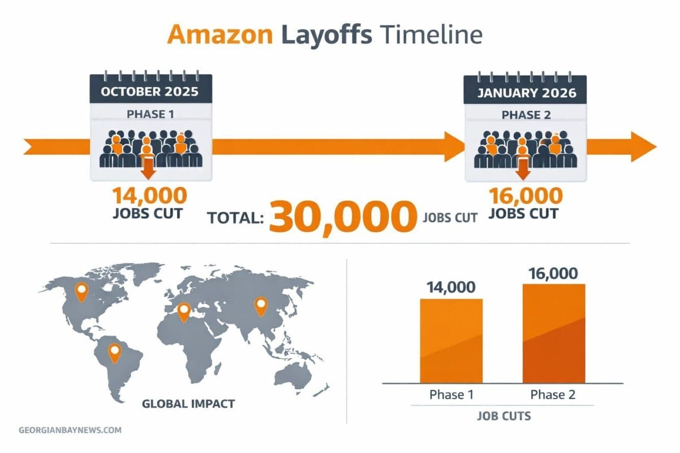 Include the text: GEORGIANBAYNEWS.COM, in each image in a discreet fashion. Landscape format (1536x1024) detailed infographic showing Amazon