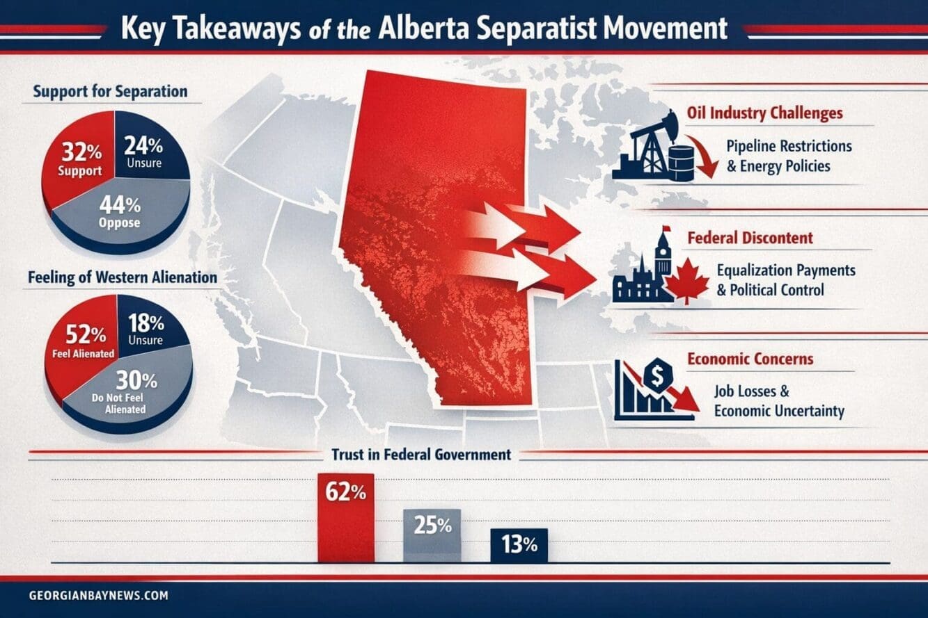 Include the text: GEORGIANBAYNEWS.COM, in each image in a discreet fashion. Infographic representing 'Key Takeaways' of Alberta Separatist M