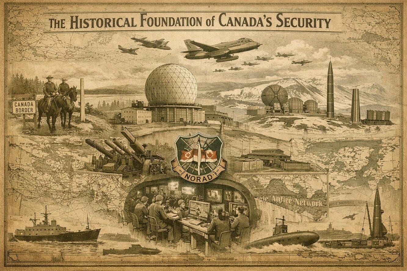 Historical Foundation of Canada's Security visual: Panoramic historical timeline illustration tracing Canada's security evolution, featuring