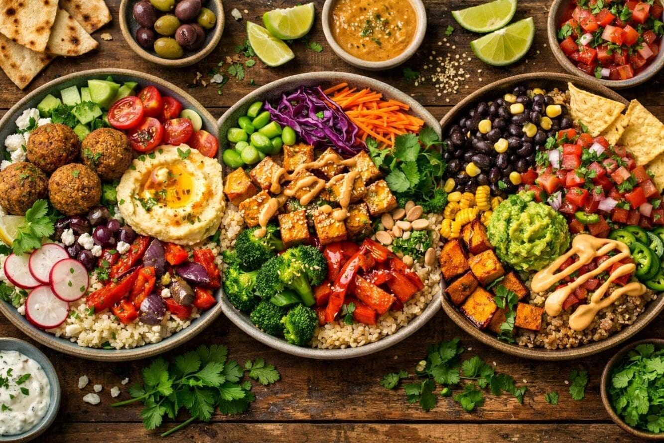Vibrant close-up food photography of three different Buddha bowl variations side by side: Mediterranean bowl with falafel and hummus, Asian-