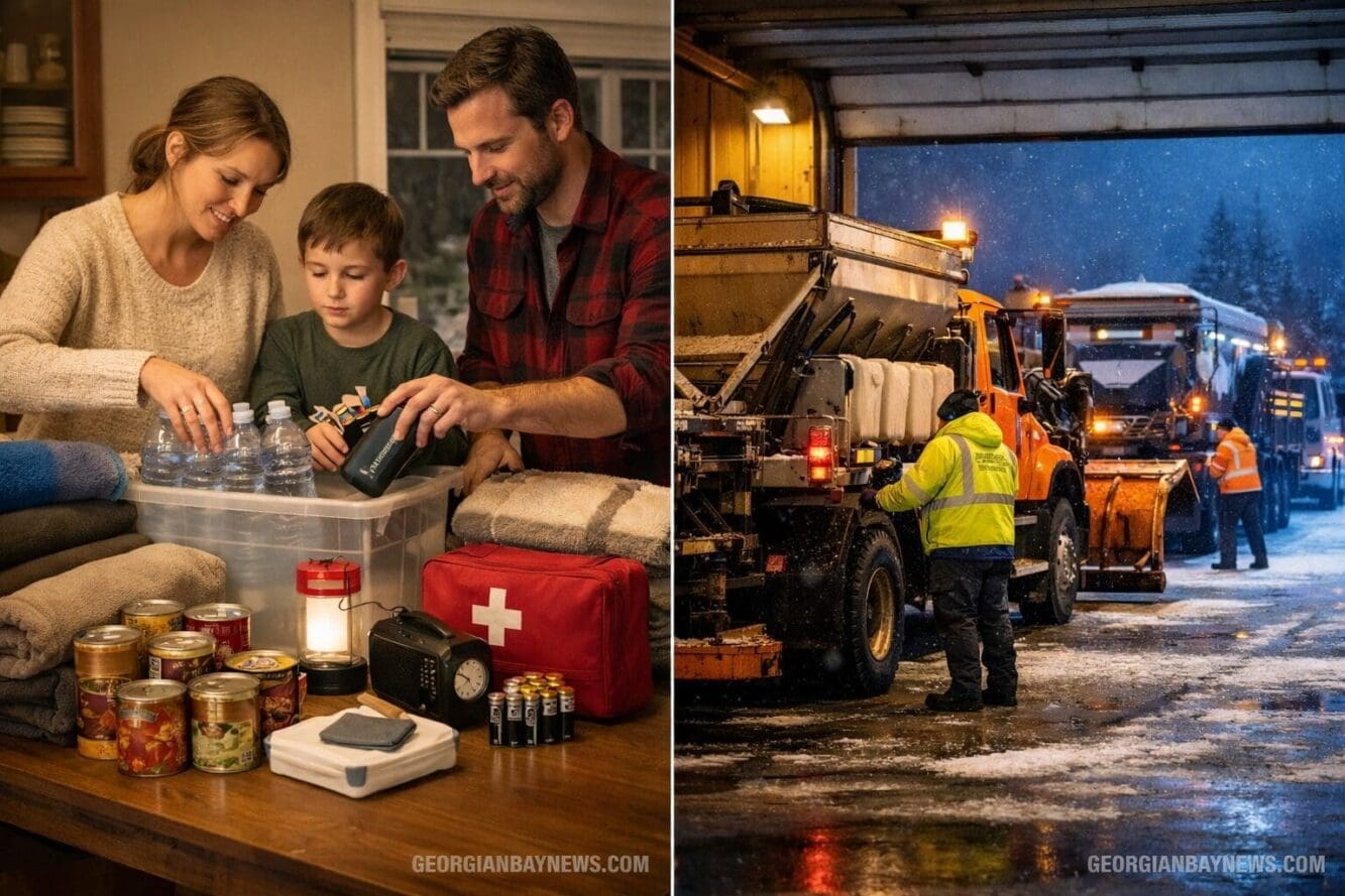 Include the text: GEORGIANBAYNEWS.COM, in each image in a discreet fashion. Split-screen composition showing winter storm preparation scenes