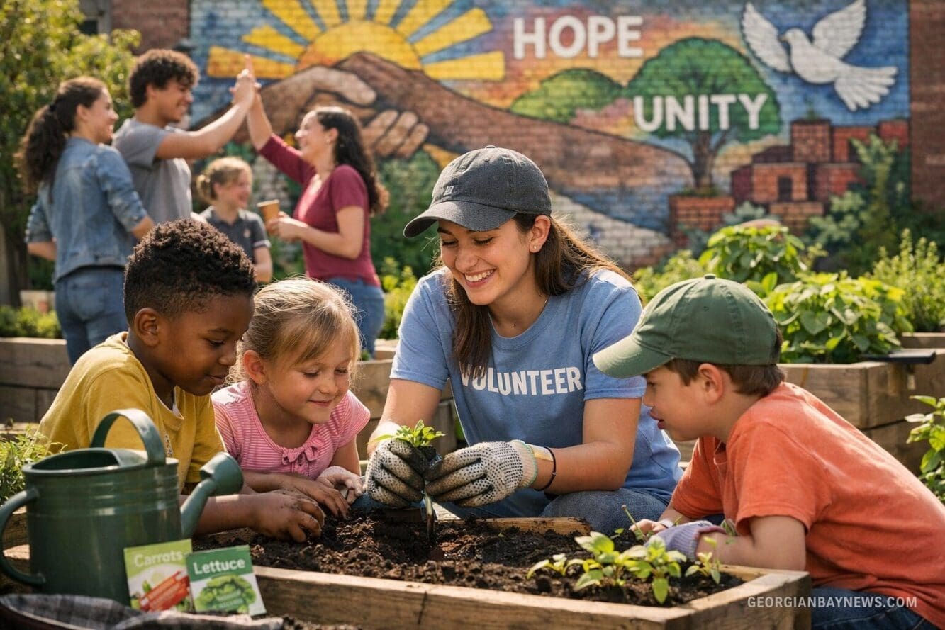 Include the text: GEORGIANBAYNEWS.COM, in each image in a discreet fashion. Landscape format (1536x1024) image depicting young person volunt