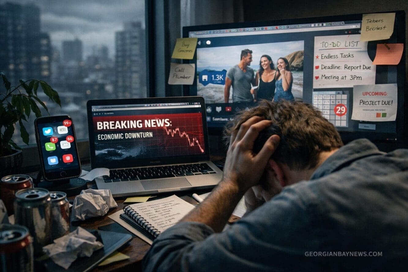 Include the text: GEORGIANBAYNEWS.COM, in each image in a discreet fashion. Landscape format (1536x1024) conceptual photograph showing exter
