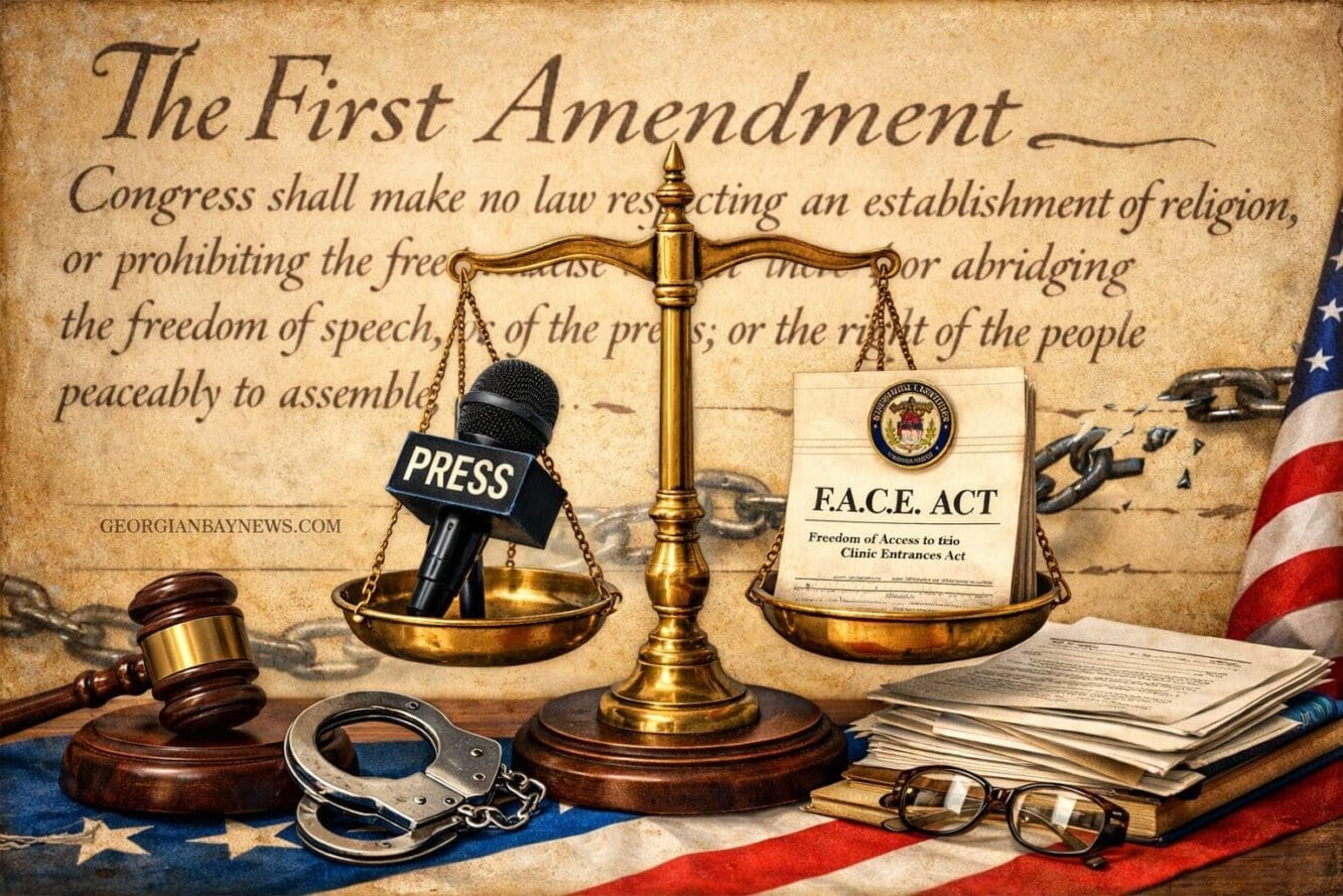 Include the text: GEORGIANBAYNEWS.COM, in each image in a discreet fashion. Landscape format (1536x1024) constitutional law themed illustrat