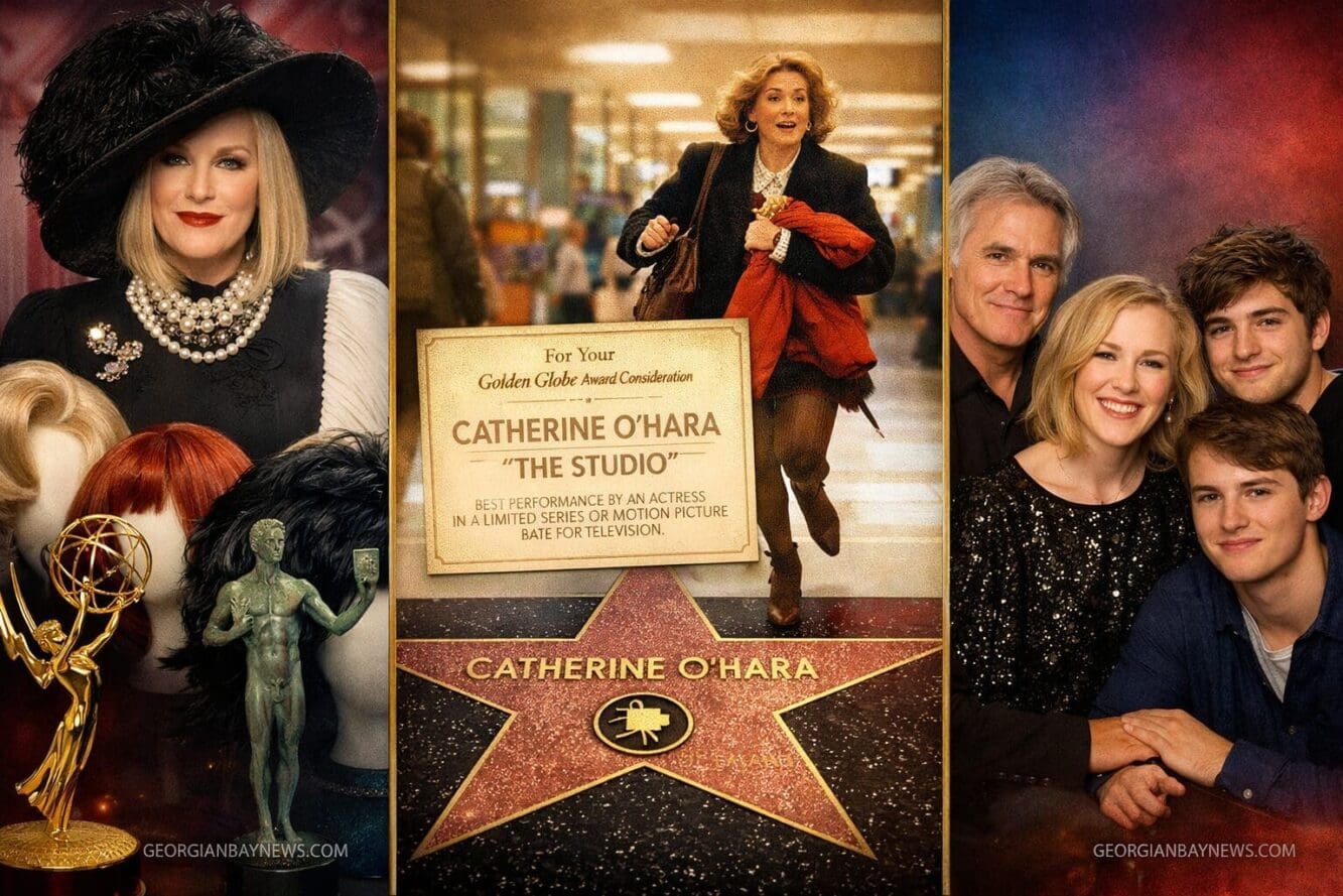 Include the text: GEORGIANBAYNEWS.COM, in each image in a discreet fashion. Landscape format (1536x1024) image celebrating Catherine O'Hara'