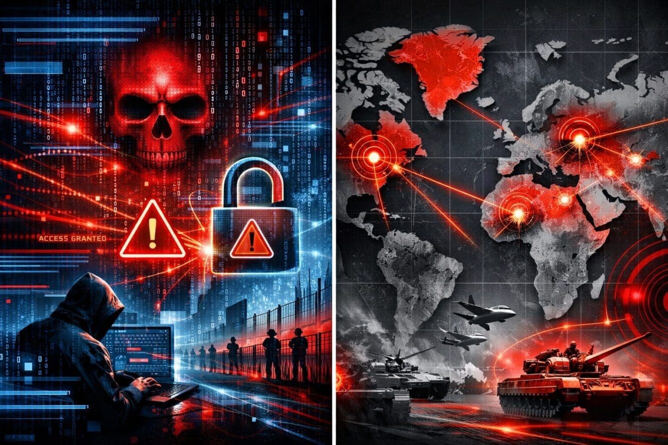 Modern Threats to Canada's Security conceptual image: Dynamic split-screen digital composition showing contemporary security challenges, lef