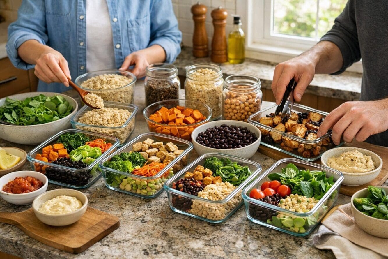 Lifestyle food photography showing family meal prep scene with multiple Buddha bowls being prepared in glass containers for weekly meal plan