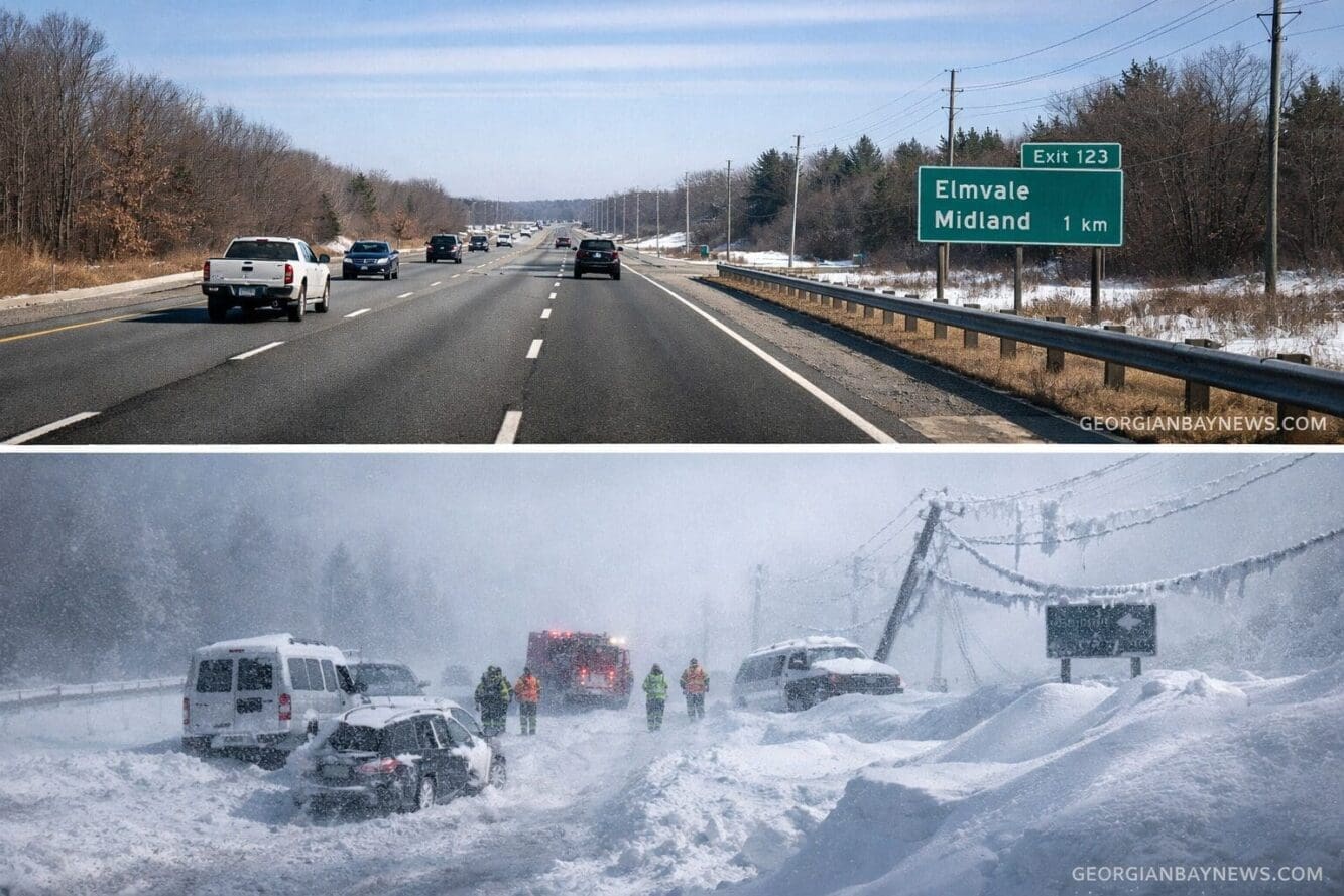 Include the text: GEORGIANBAYNEWS.COM, in each image in a discreet fashion. Dramatic before-and-after comparison imagery of winter storm imp