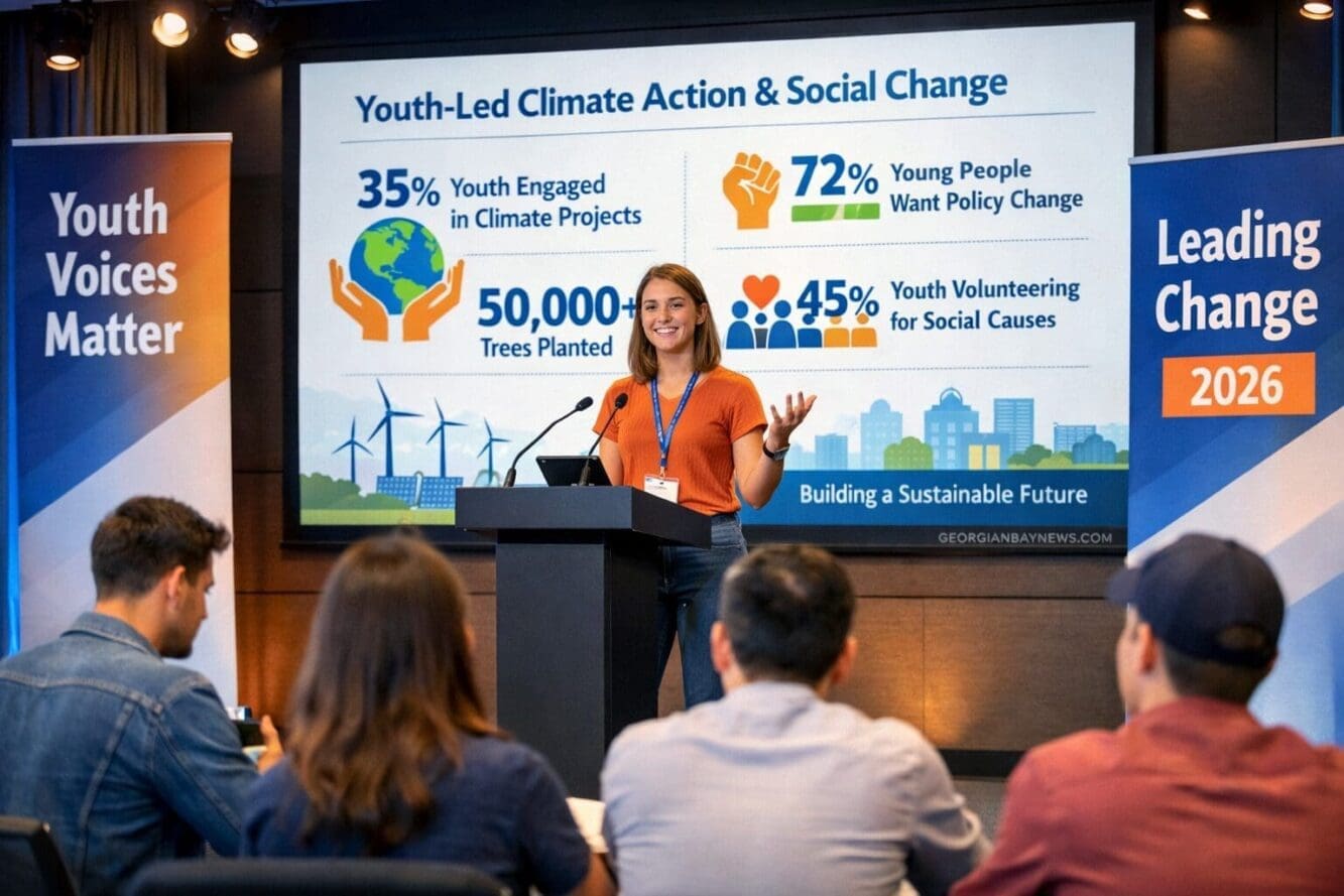 Include the text: GEORGIANBAYNEWS.COM, in each image in a discreet fashion. Landscape format (1536x1024) image showing young adult standing
