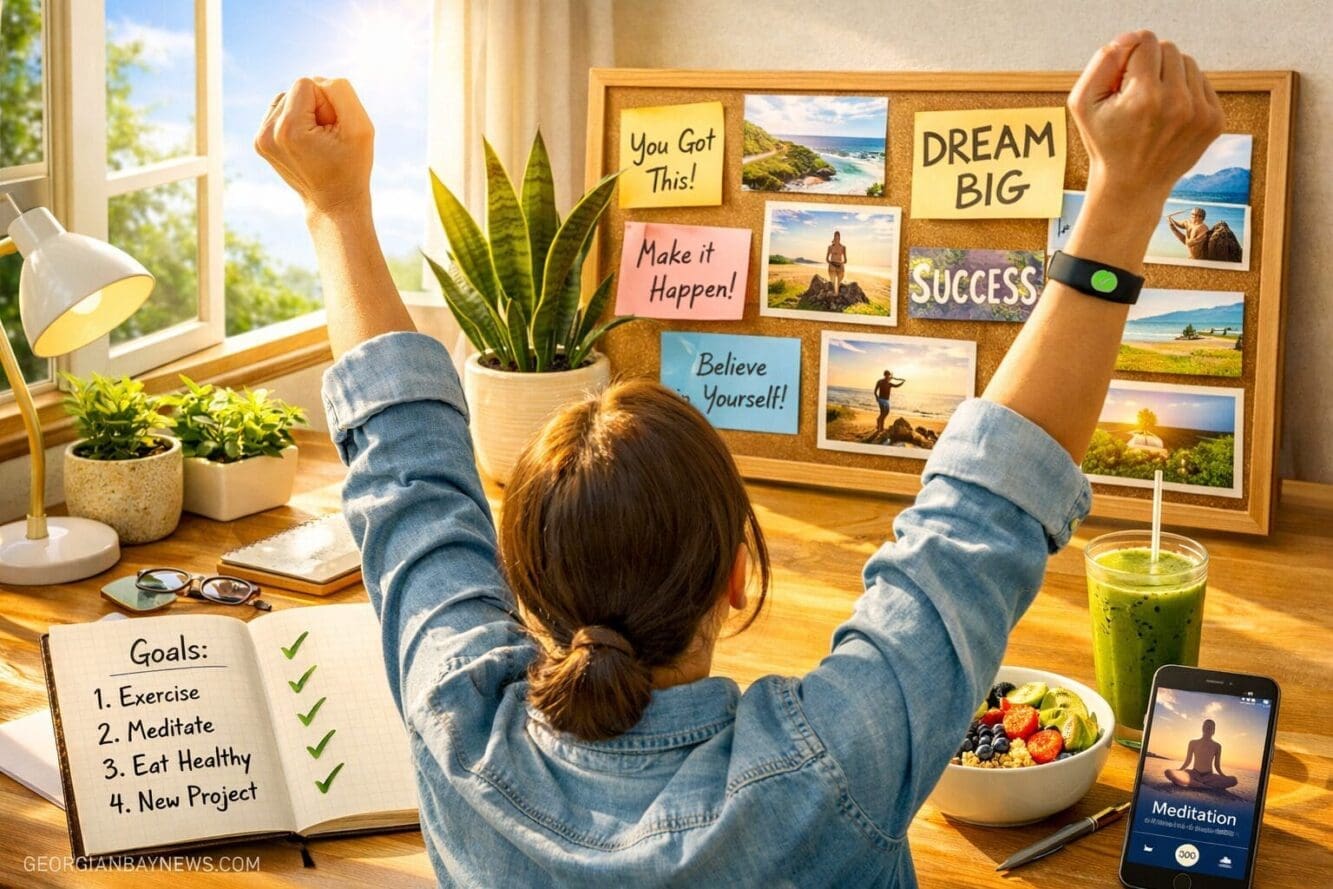 Include the text: GEORGIANBAYNEWS.COM, in each image in a discreet fashion. Landscape format (1536x1024) uplifting motivational scene showin