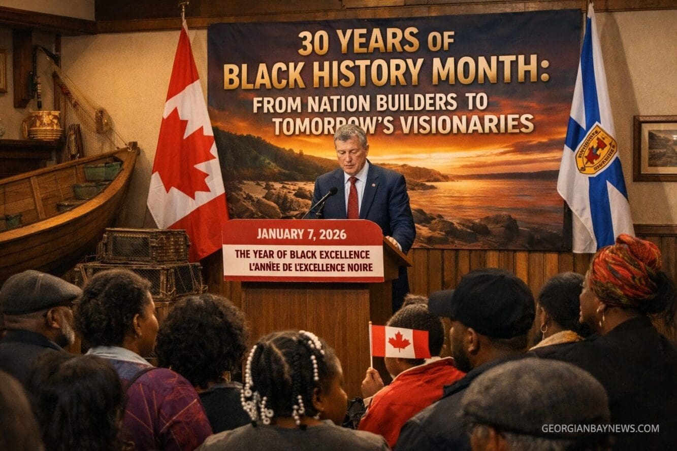 Include the text: GEORGIANBAYNEWS.COM, in each image in a discreet fashion. Landscape format (1536x1024) editorial image showing the histori