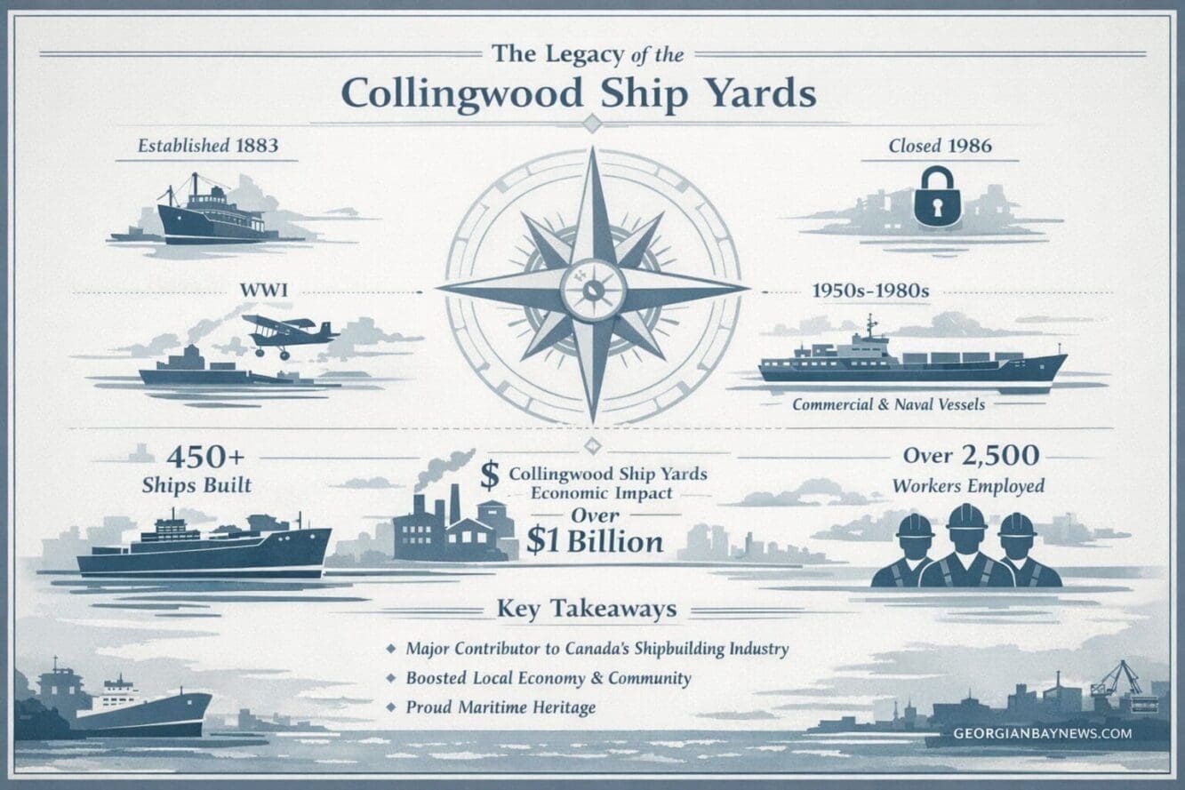 Include the text: GEORGIANBAYNEWS.COM, in each image in a discreet fashion. Elegant one-page infographic summarizing Collingwood Ship Yards'