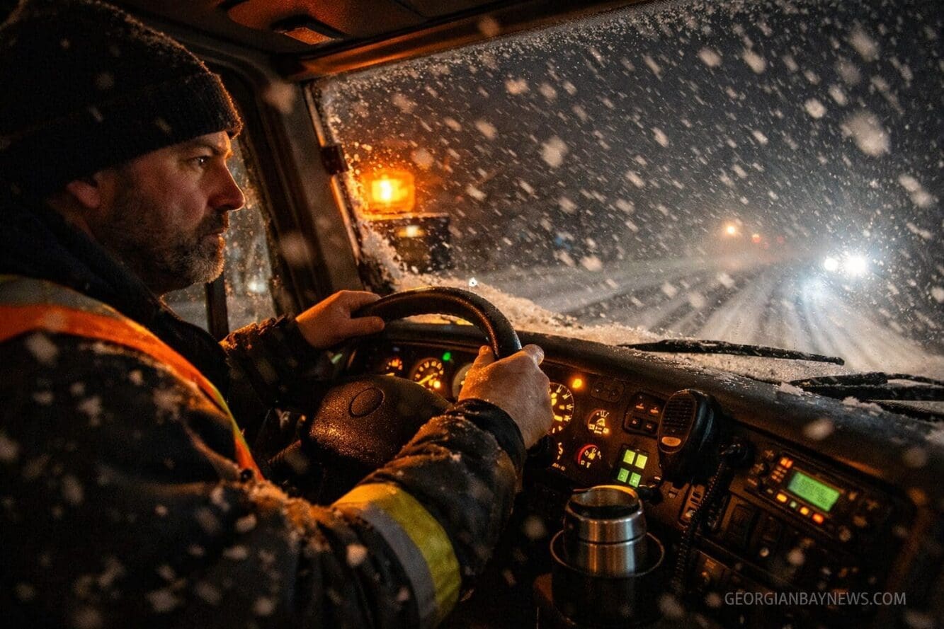 Include the text: GEORGIANBAYNEWS.COM, in each image in a discreet fashion. Landscape format (1536x1024) detailed scene showing snow plow dr