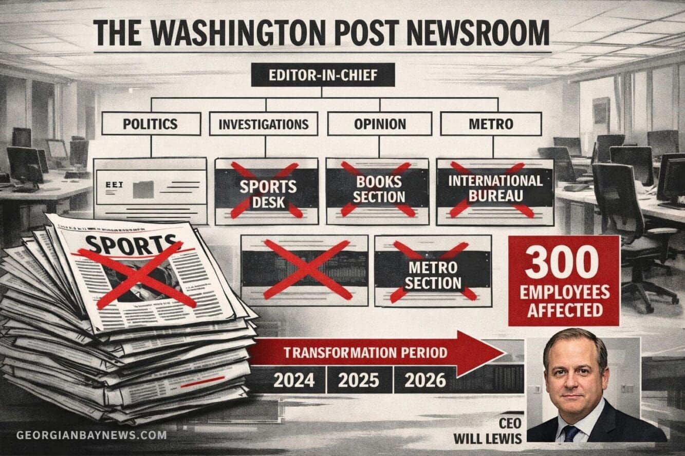 Include the text: GEORGIANBAYNEWS.COM, in each image in a discreet fashion. Landscape format (1536x1024) detailed infographic showing Washin