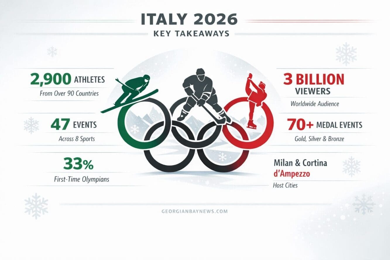 Include the text: GEORGIANBAYNEWS.COM, in each image in a discreet fashion. Key Takeaways infographic for Olympics Italy 2026, featuring a c
