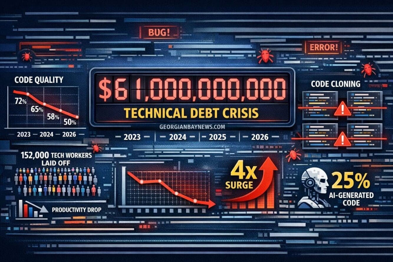 Include the text: GEORGIANBAYNEWS.COM, in each image in a discreet fashion. Landscape format (1536x1024) detailed infographic visualization 