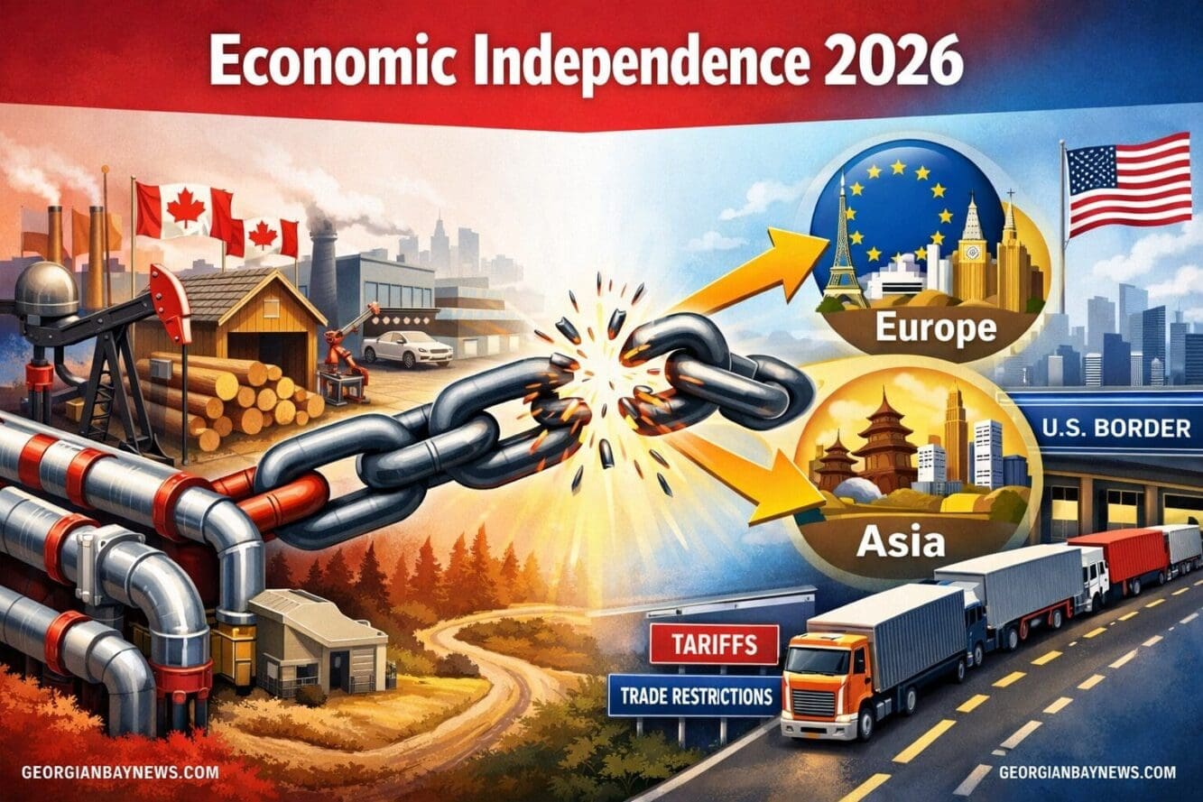 Include the text: GEORGIANBAYNEWS.COM, in each image in a discreet fashion. Detailed landscape format (1536x1024) editorial image showing co