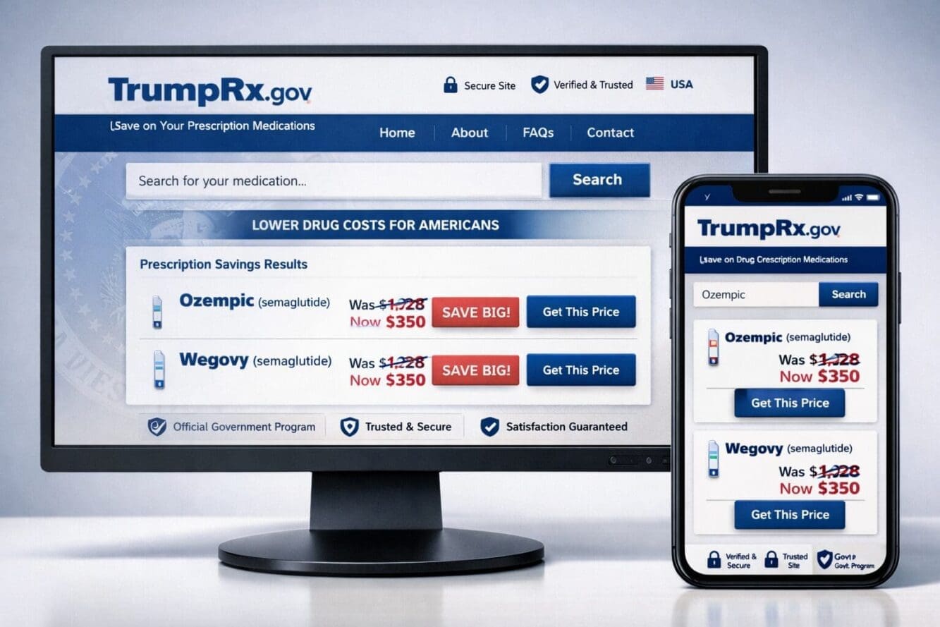 Landscape format (1536x1024) image showing TrumpRx.gov website interface on desktop and mobile screens side-by-side, displaying medication s