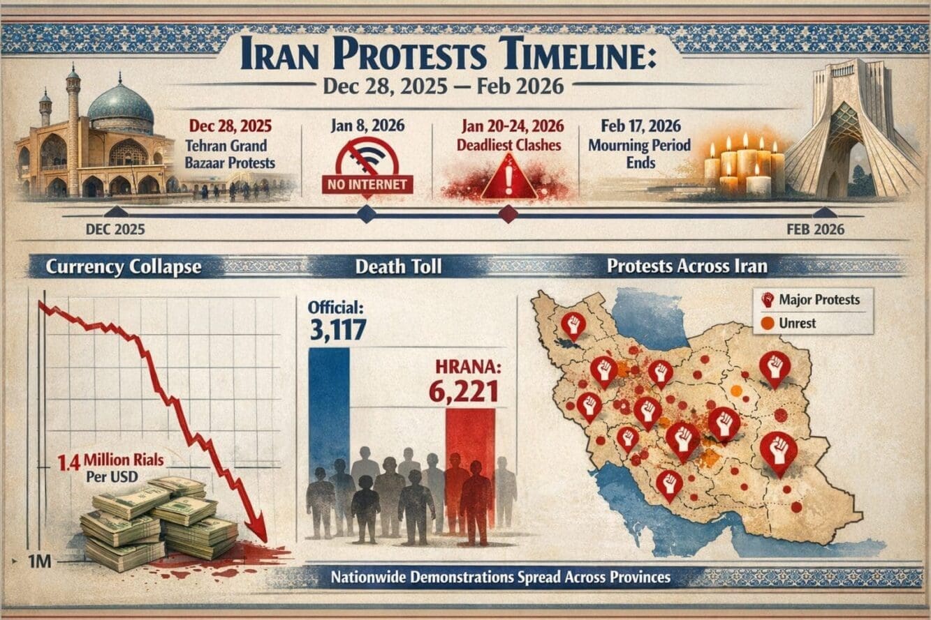 Landscape format (1536x1024) detailed infographic showing timeline of Iran protests from December 28 2025 to February 2026, with key dates m