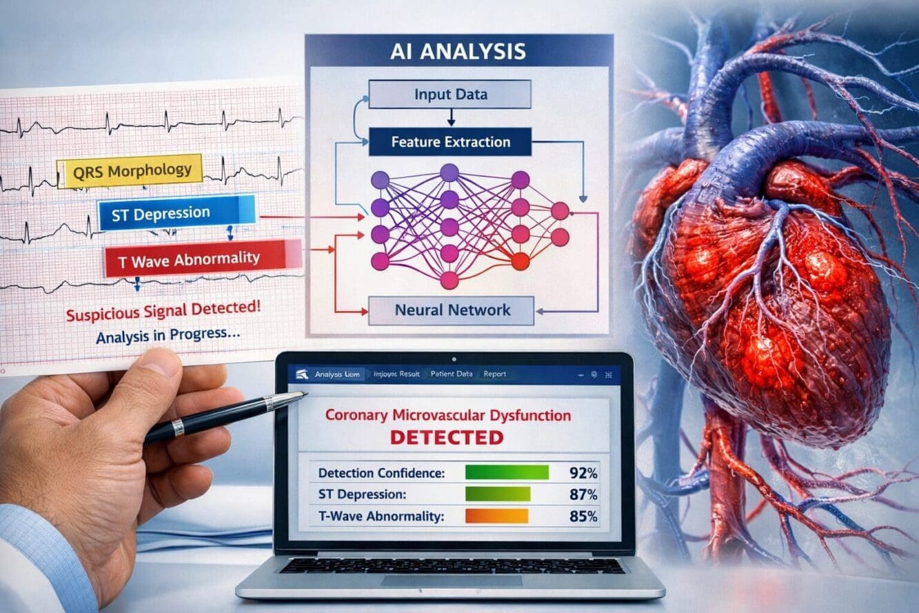 Landscape format (1536x1024) detailed visualization showing University of Michigan AI breakthrough for coronary microvascular dysfunction de