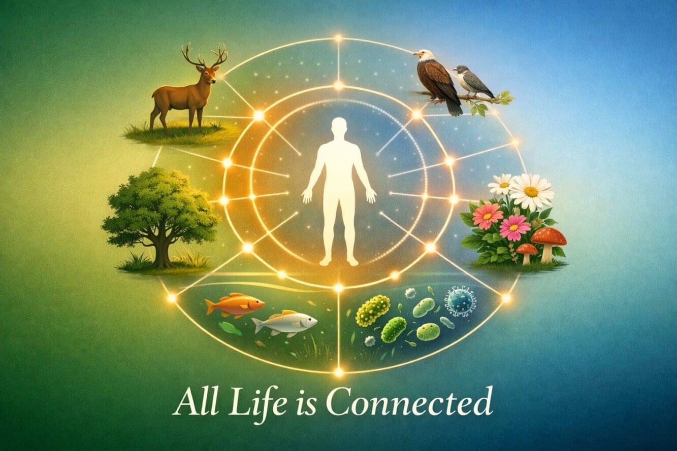 Landscape format (1536x1024) editorial image showing philosophical concept of interconnectedness: circular diagram with human silhouette at 