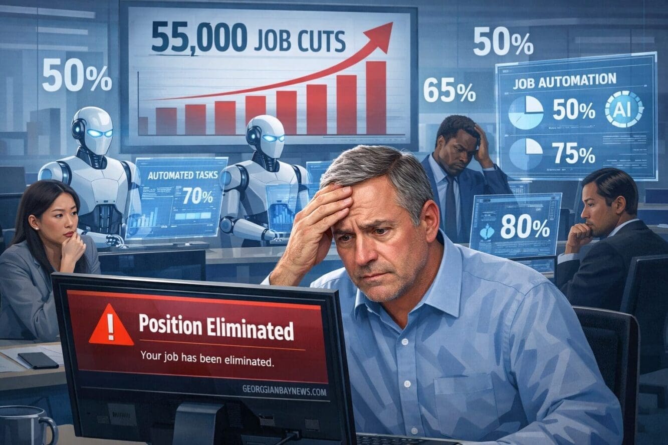 Include the text: GEORGIANBAYNEWS.COM, in each image in a discreet fashion. Landscape format (1536x1024) illustration showing diverse workpl