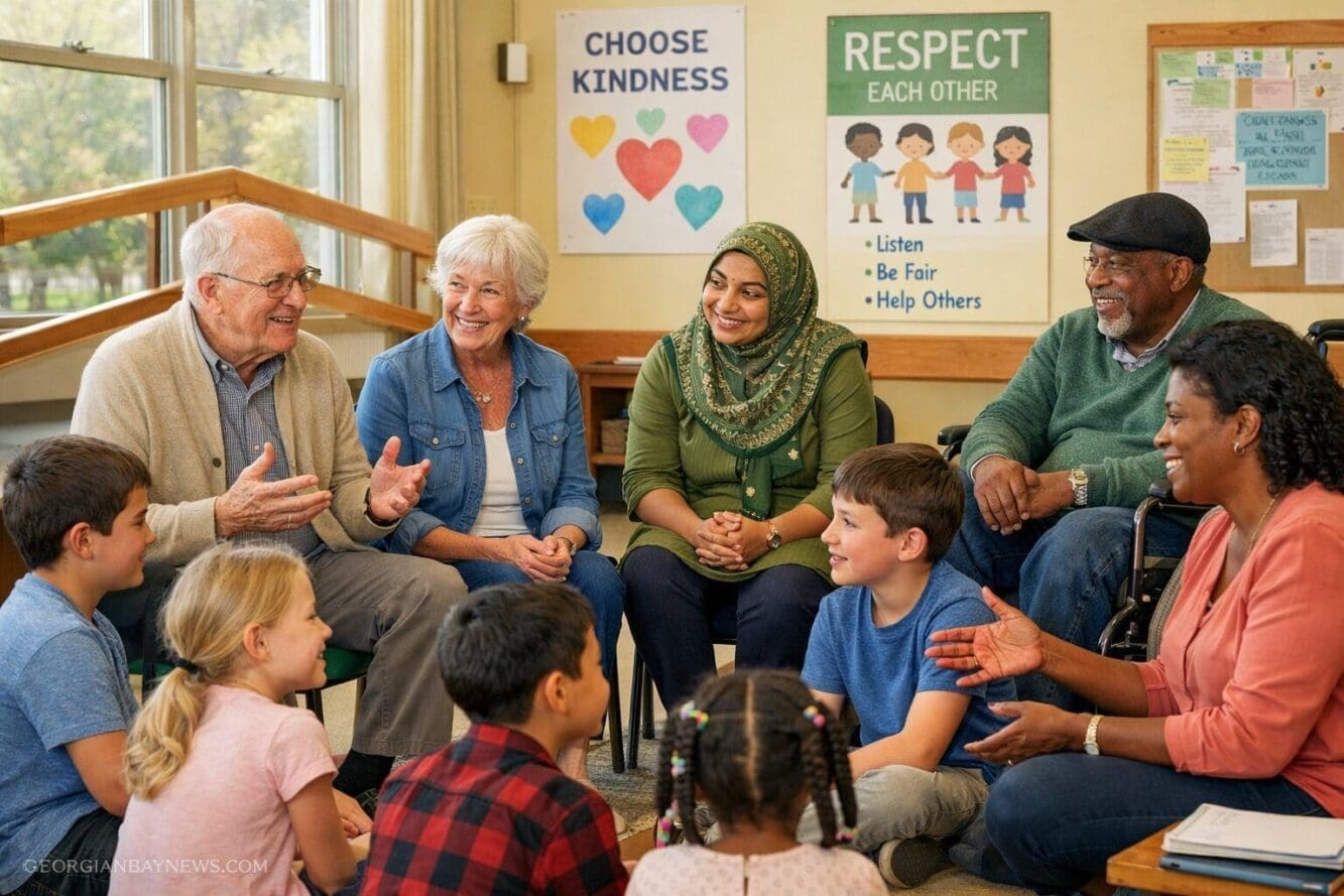 Include the text: GEORGIANBAYNEWS.COM, in each image in a discreet fashion. Landscape format (1536x1024) editorial image showing multigenera