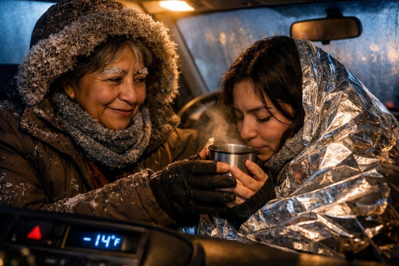 Landscape format (1536x1024) editorial image showing close-up of older Latina woman in heavy winter coat with frost on eyebrows and scarf, w