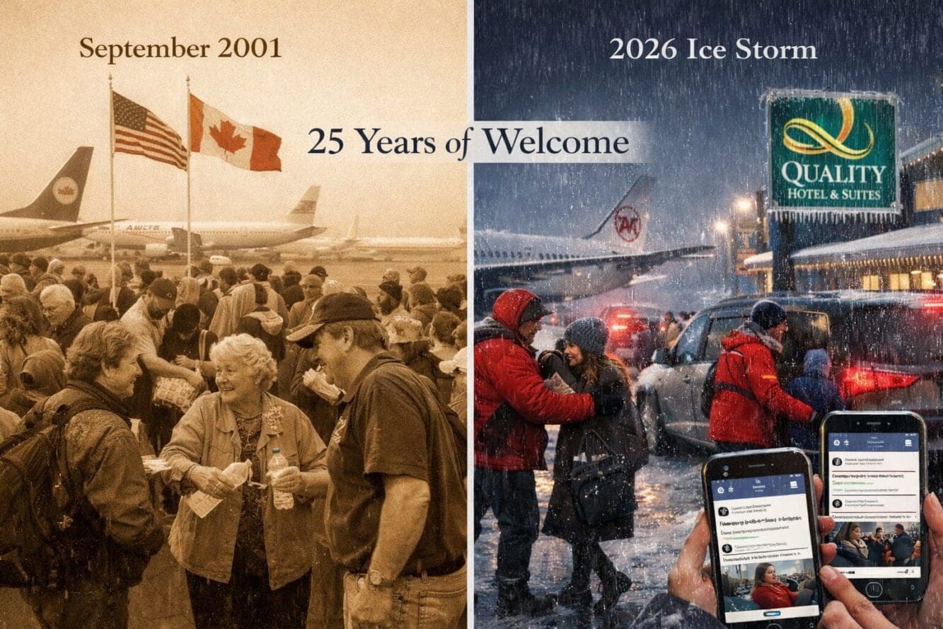 Landscape format (1536x1024) split-screen comparison image showing Gander's hospitality across 25 years. Left side: archival-style September