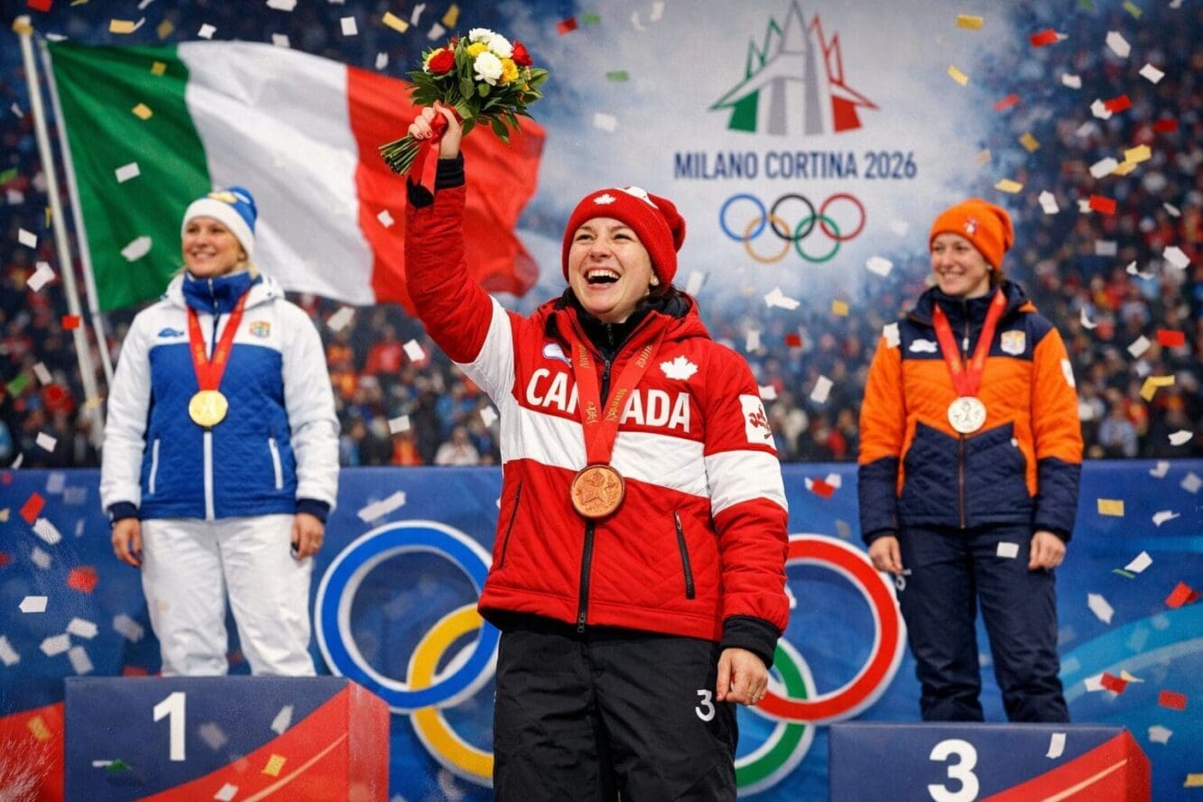 Landscape format (1536x1024) editorial image showing Valérie Maltais standing on Olympic podium in third place position wearing bronze medal
