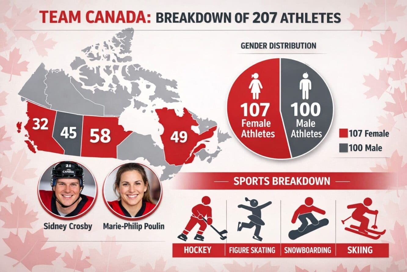 Landscape format (1536x1024) editorial image showing detailed infographic breakdown of Team Canada's 207 athletes by province and sport. Vis