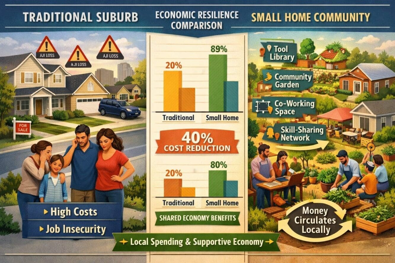 Landscape format (1536x1024) detailed infographic showing economic resilience comparison between traditional neighborhoods and small home co