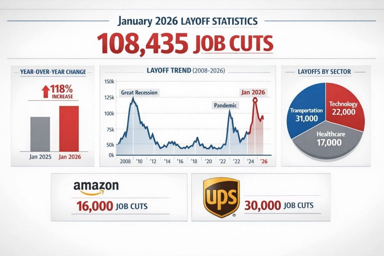 Landscape format (1536x1024) detailed infographic showing January 2026 layoff statistics with prominent '108,435 Job Cuts' headline in bold 