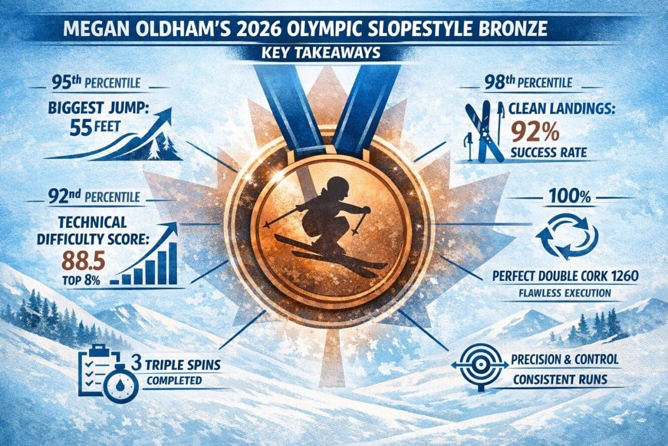 Editorial-style infographic capturing 'Key Takeaways' from Megan Oldham's 2026 Olympic Slopestyle Bronze performance. Landscape layout (1536
