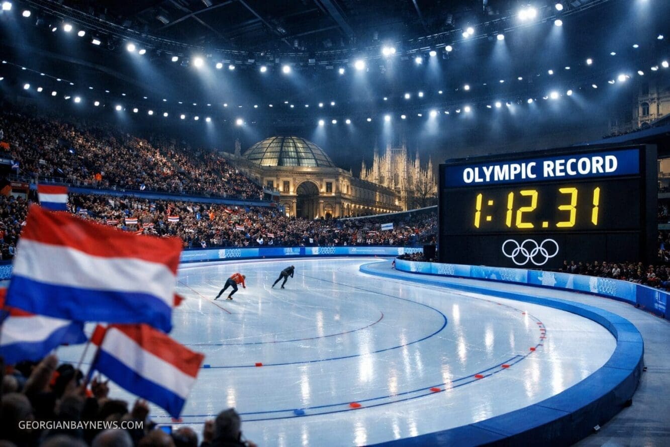 Include the text: GEORGIANBAYNEWS.COM, in each image in a discreet fashion. Landscape format (1536x1024) editorial image showing Olympic spe