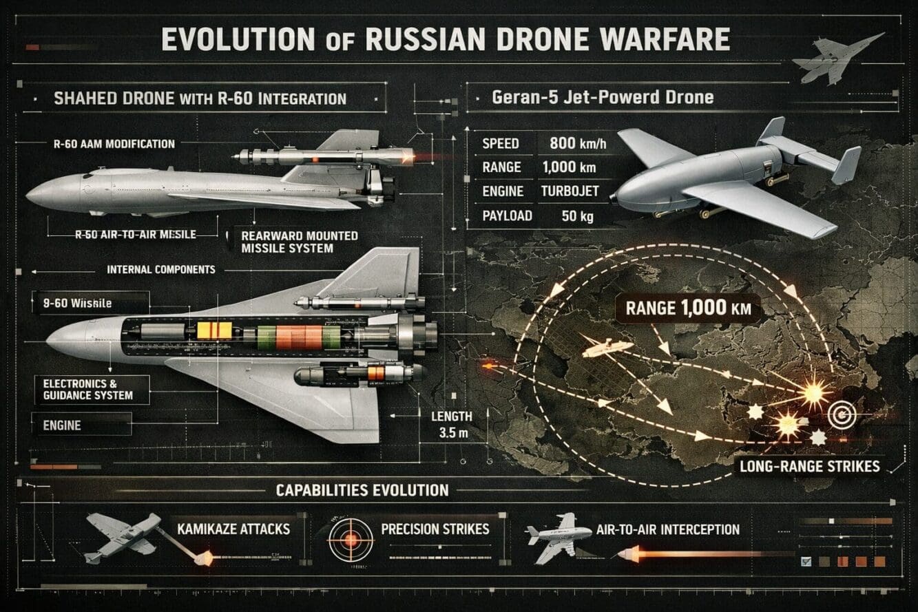Landscape format (1536x1024) detailed infographic showing tactical evolution of Russian drone warfare, featuring technical diagram of Shahed