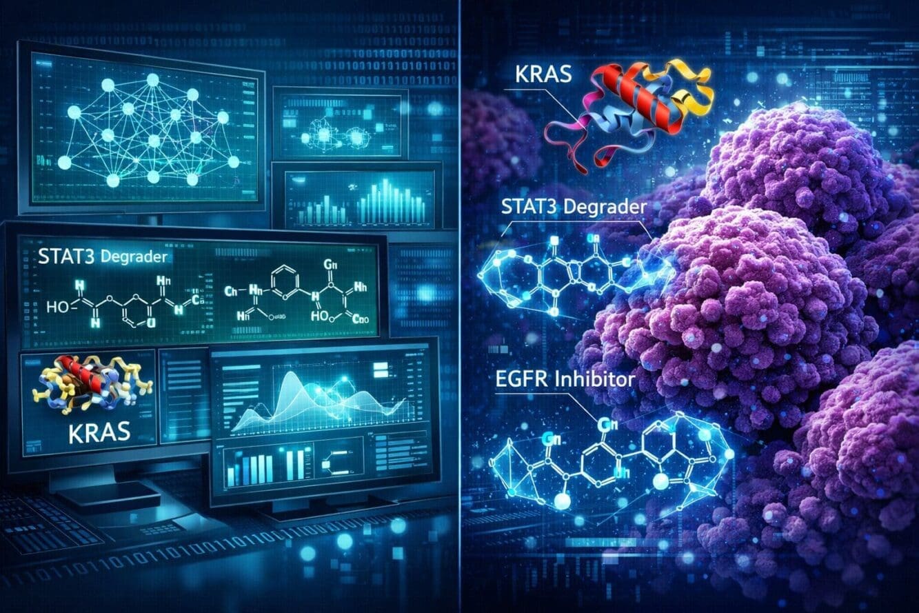 Landscape format (1536x1024) detailed illustration showing AI machine learning system analyzing molecular structures for pancreatic cancer t