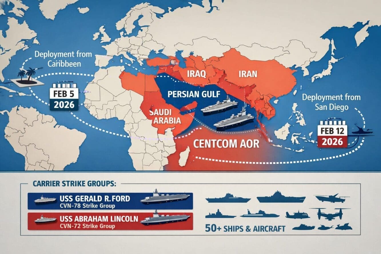 Detailed landscape format (1536x1024) illustration showing strategic map of Middle East region with Persian Gulf highlighted, two aircraft c