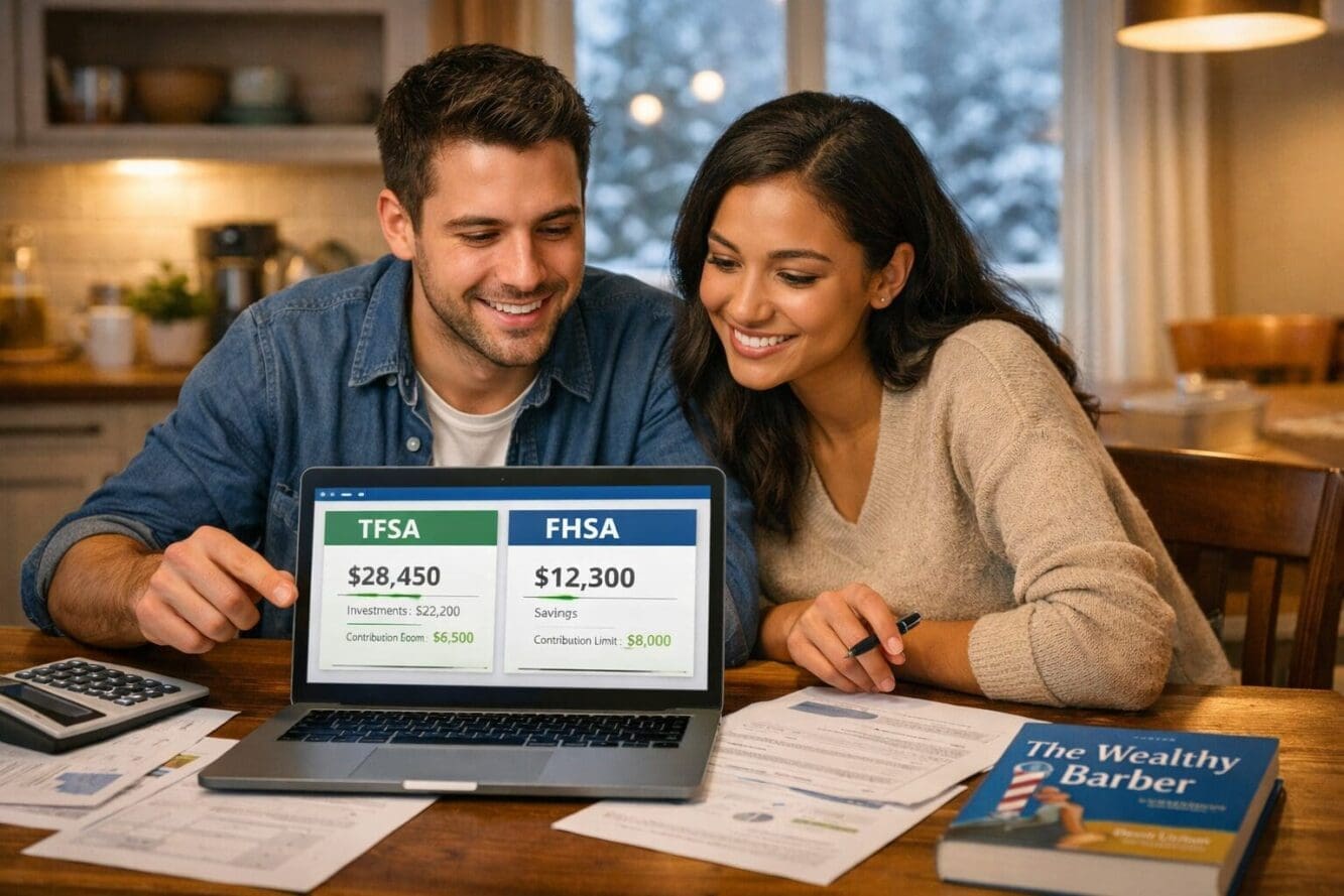 Detailed landscape format (1536x1024) illustration of a Canadian family sitting around a kitchen table with a laptop open showing TFSA and F