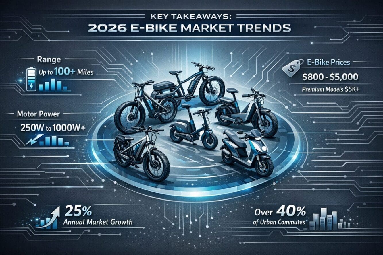 Key Takeaways section infographic visualizing 2026 electric bike market trends. Central isometric illustration showing silhouettes of 7 dive