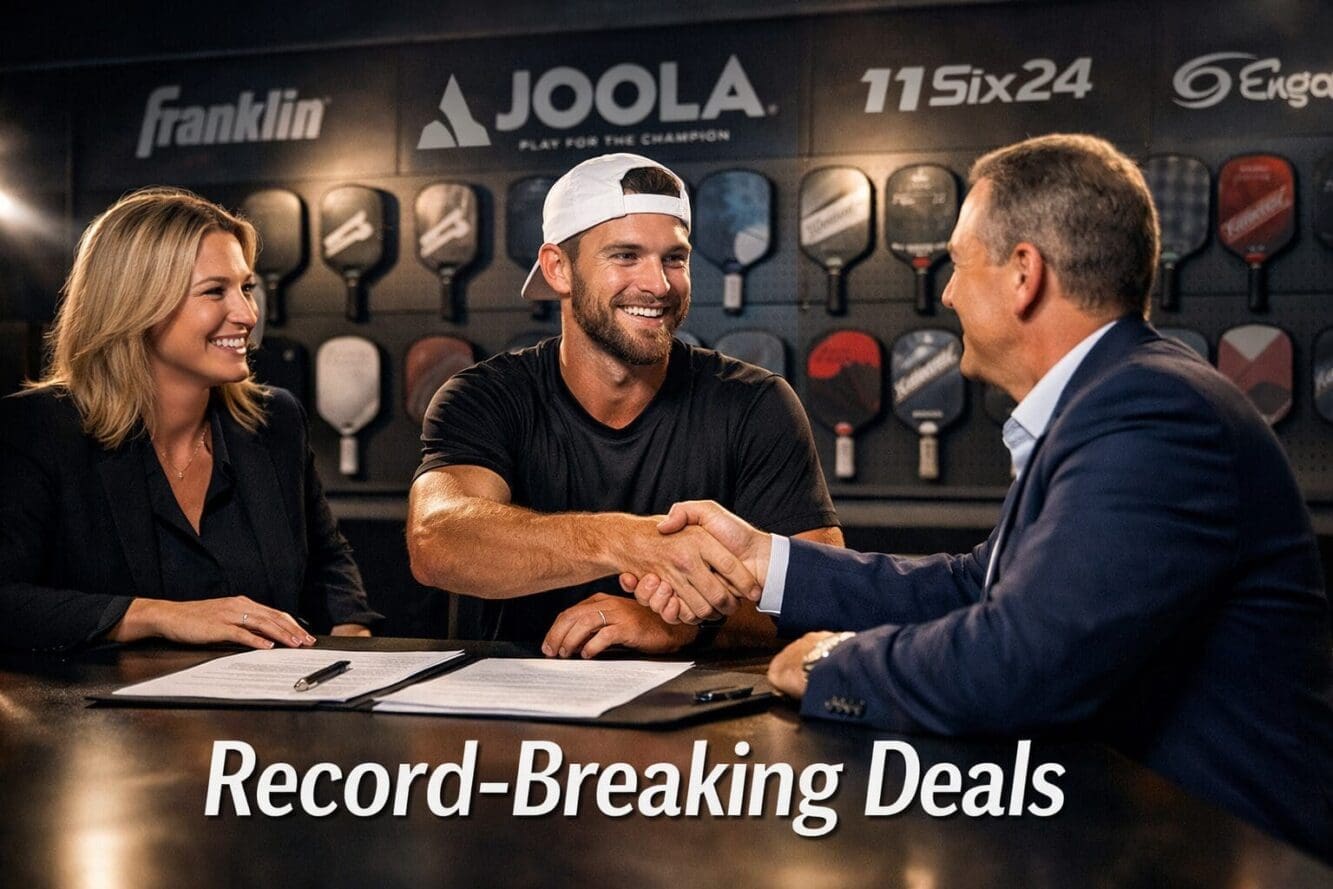 Landscape format (1536x1024) editorial image showing professional pickleball player signing contract with brand representatives at modern sp
