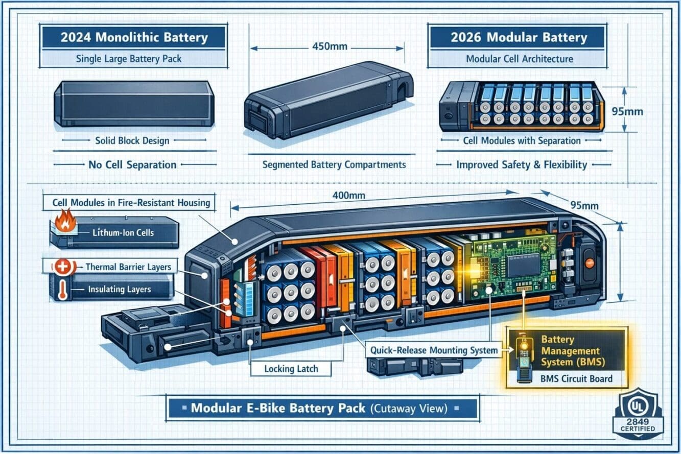 Detailed landscape format (1536x1024) technical illustration showing cutaway view of modular e-bike battery pack with labeled components: in