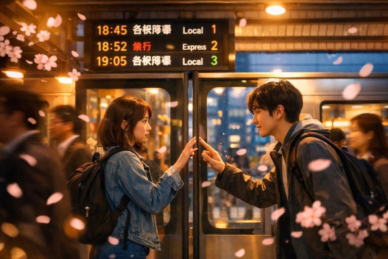 Landscape format (1536x1024) editorial illustration showing a near-miss moment between two people on a busy Tokyo train platform. A young wo