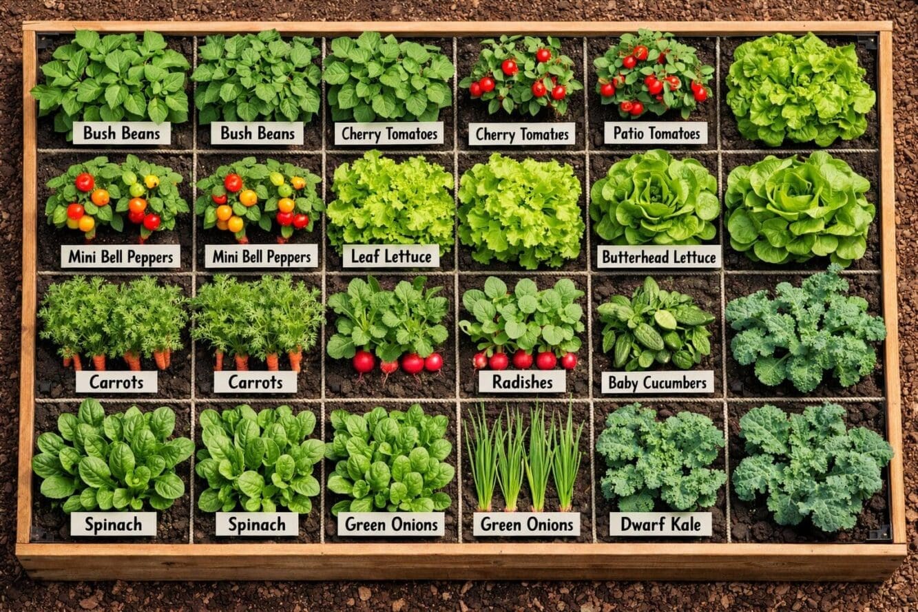 Landscape format (1536x1024) overhead birds-eye view photograph of a small 4x8 foot raised bed garden divided into square foot sections, eac