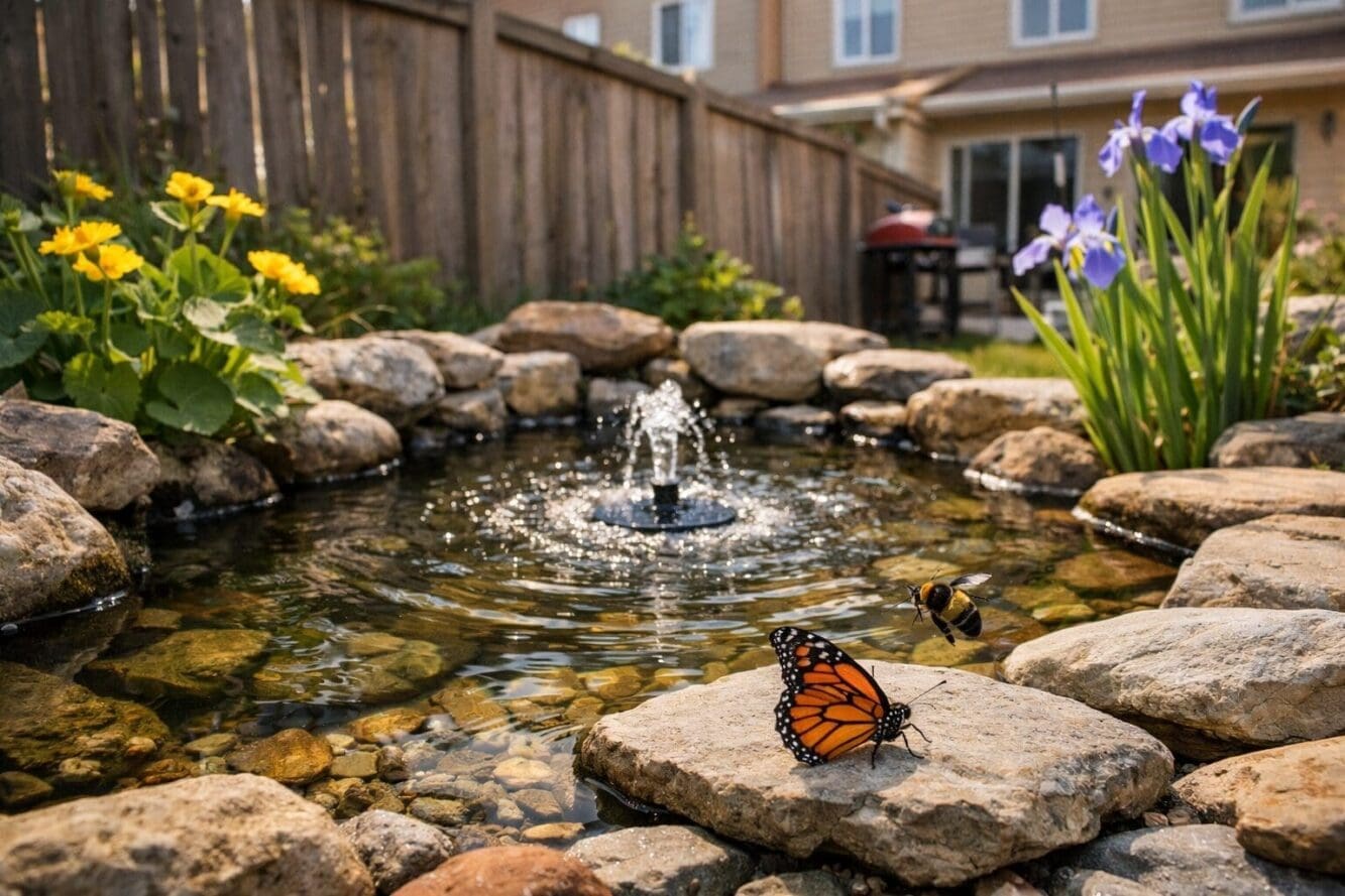 Detailed landscape format (1536x1024) editorial photograph of a small backyard pond in an urban Canadian setting, approximately 3 feet wide,
