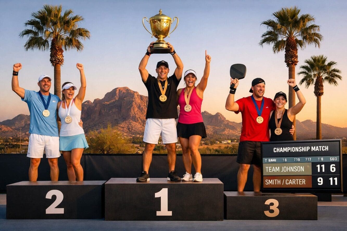 Landscape format (1536x1024) editorial image showing pickleball tournament podium with three medal positions, gold silver bronze medals prom