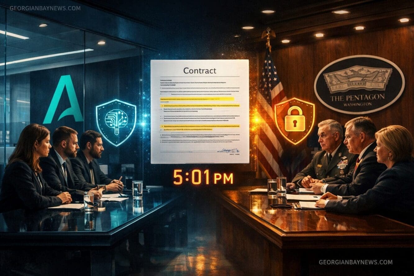 Include the text: GEORGIANBAYNEWS.COM, in each image in a discreet fashion. Landscape format (1536x1024) editorial illustration showing a te